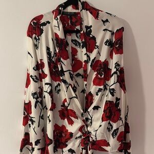 Jones New York White Floral Blouse with Long Sleeves and Notched Collar Silk